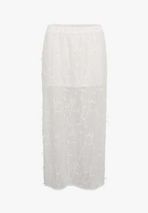 Fehér hálós midi szoknya virágos hímzéssel, rugalmas derékrésszel és félig átlátszó textúrával, amely réteges hatást kelt.
