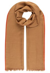 Écharpe marron clair avec une texture subtile en forme de losange, bordée de fines lisières orange et avec des extrémités à franges, légèrement pliée en haut.