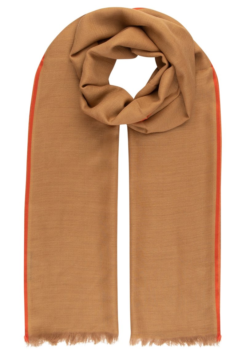 Écharpe marron clair avec une texture subtile en forme de losange, bordée de fines lisières orange et avec des extrémités à franges, légèrement pliée en haut.
