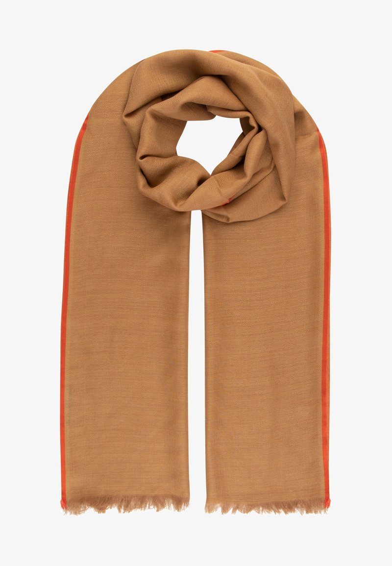 Écharpe marron clair avec une texture subtile en forme de losange, bordée de fines lisières orange et avec des extrémités à franges, légèrement pliée en haut.
