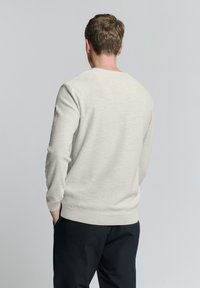 Lichtgrijze sweatshirt met een ronde halslijn en lange mouwen, met een gestructureerde stof en ribbels aan de mouwen en onderkant. Draagt men met donkere broeken.