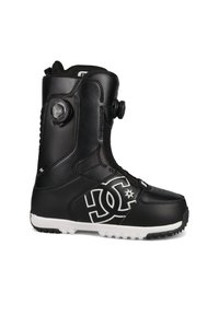Schwarzer Snowboardstiefel mit strukturierten Oberflächen, weißer Sohle, großem Logo an der Seite und einem BOA-Verschlusssystem zur Anpassung.