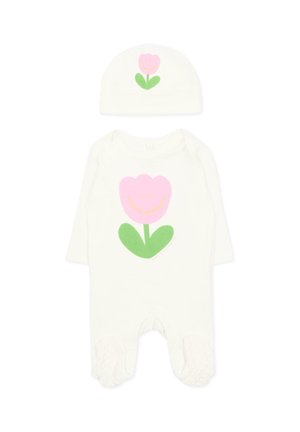 Set per neonato bianco composto da body e cappellino con stampa di un fiore rosa sorridente e foglie verdi sul davanti.