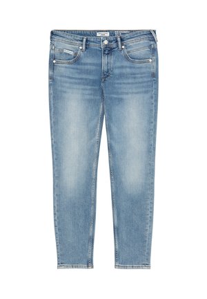 Light blue denim jeans with a slim fit, featuring a mid-rise waist, five pockets, and subtle fading on the thighs.