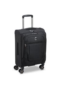 Valigia nera a rotelle con un'esterno testurizzato, multiple tasche con zip, manico telescopico e quattro ruote girevoli per una facile manovrabilità.