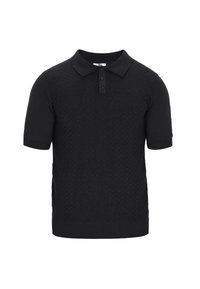 Čierna polo tričko s krátkym rukávom vyrobené z textúrovanej tkaniny, s klasickým golierom, trojbodovým zapínaním a rebrovanými detailmi.