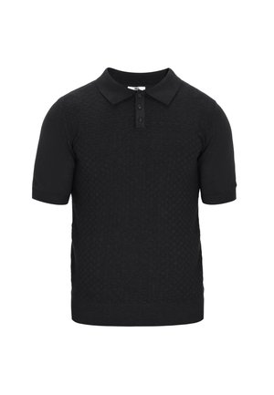 Črna polo majica s kratkimi rokavi iz strukturirane tkanine, s klasičnim ovratnikom, trojnim gumbom in rebrasto obrobo.