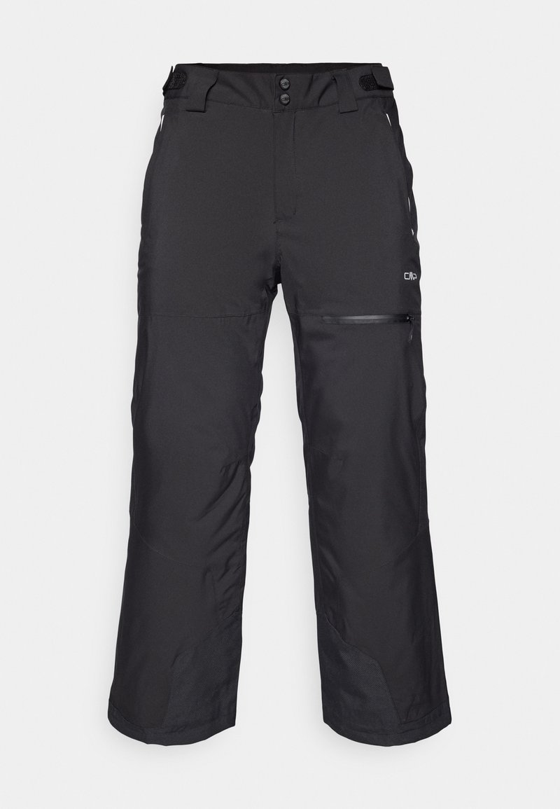 Zwarte technische broek met een rechte snit, voorzien van veilige zakken, een verstelbare taille en een gladde stof voor buitenactiviteiten.