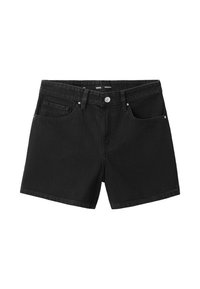 Shorts en jean noir avec bouton frontal, passants pour ceinture et deux poches avant, présentés sur un fond blanc.