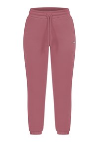 Pantalones de chándal rosas hechos de una tela suave, con una cintura elástica con cordón, puños elásticos y un pequeño logo en el lado.
