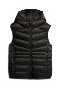 Gilet en duvet noir avec capuche, doté d'une fermeture éclair à l'avant, de deux poches latérales et d'un motif en chevrons sur le tissu. Doublure intérieure douce.