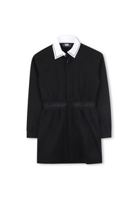 Black dress with long sleeves, featuring a white collared neckline and a belted waist. Made of smooth fabric with subtle branding.