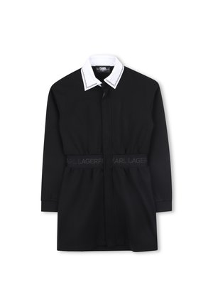 Black dress with long sleeves, featuring a white collared neckline and a belted waist. Made of smooth fabric with subtle branding.