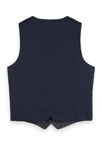 Gilet senza maniche blu navy con una cucitura centrale sul retro e una piccola spacco nel fondo.