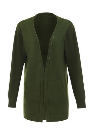 Grüne Strickjacke aus weichem Stoff, mit V-Ausschnitt, fünf Knopfverschluss, zwei frontalen Taschen und gerippten Bündchen und Saum.