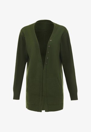Grüne Strickjacke aus weichem Stoff, mit V-Ausschnitt, fünf Knopfverschluss, zwei frontalen Taschen und gerippten Bündchen und Saum.