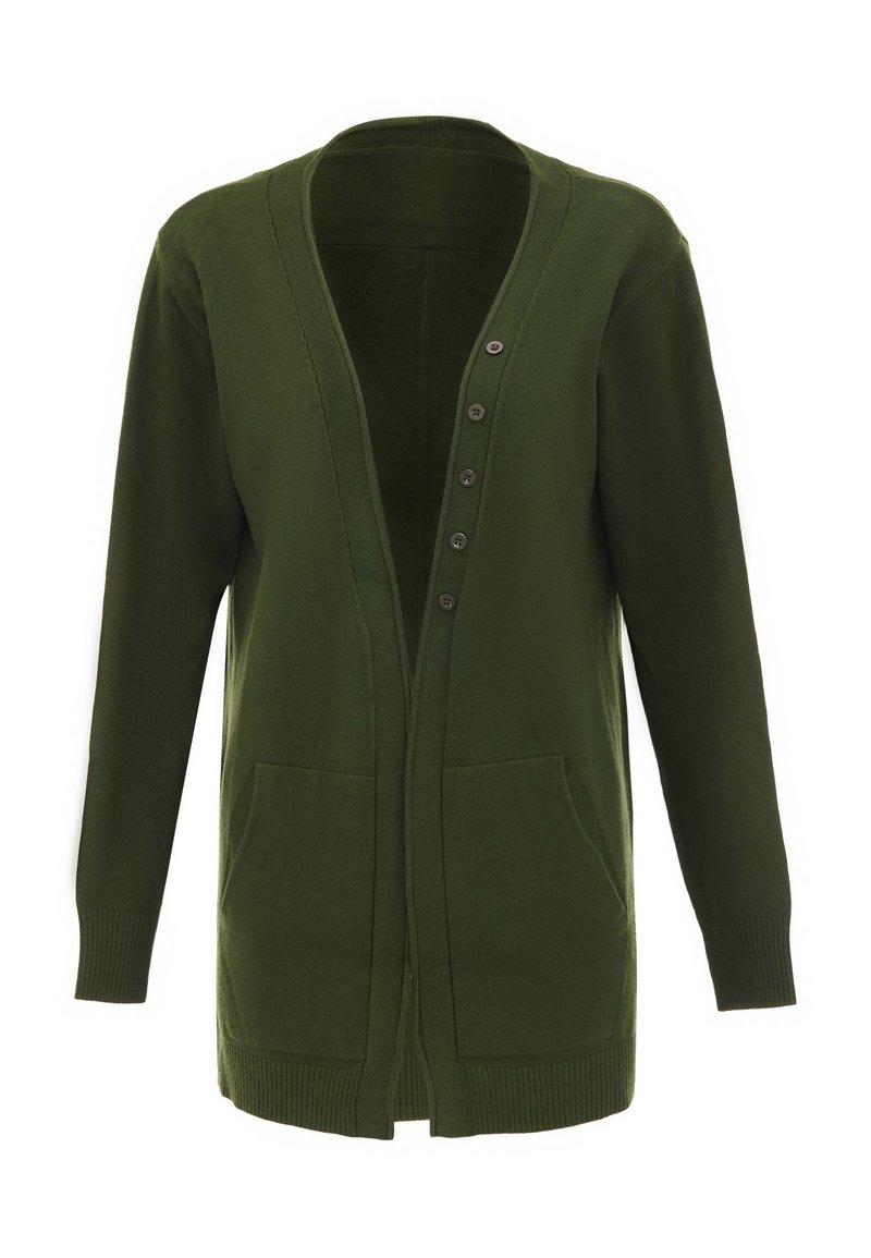 Cardigan verde realizzato in tessuto morbido, con scollo a V, chiusura a cinque bottoni, due tasche anteriori e polsini e orlo a costine.