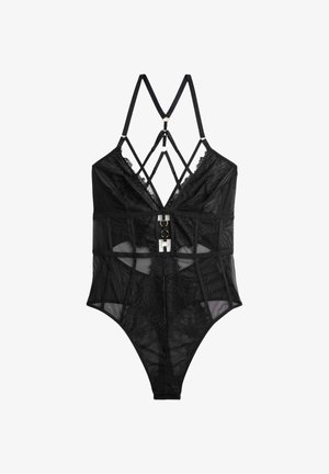 Zwarte kanten bodysuit met doorzichtige mesh panelen, gekruiste banden en een decoratieve hardware detail aan de voorkant.