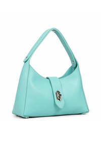 Borsa a tracolla in pelle turchese con una forma strutturata, dotata di una maniglia curva e di una chiusura magnetica, impreziosita da un dettaglio del logo in argento.