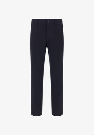 Granatowe spodnie o slim fit, wykonane z gładkiego materiału. Posiadają zapięcie na guzik oraz dwie przednie kieszenie w czystym, minimalistycznym designie.