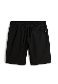 Schwarze Schwimmshorts mit einem Kordelzugbund, glattem Stoff und einer Rückentasche mit horizontalem Reißverschluss.