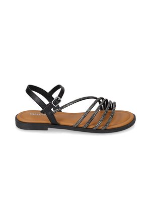 Sandalo nero flat con sottili cinturini scintillanti sul piede e cinturino regolabile alla caviglia con fibbia argentata, soletta beige e suola nera.