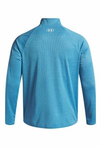 Blauw hemd met lange mouwen van textuurstof, met een staande kraag en een logo op de achterkant van de hals. Gladde afwerking met een lichte glans.