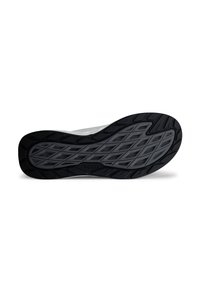 Semelle de chaussure en caoutchouc noir texturé avec un motif de bande de roulement géométrique et un design minimaliste, marqué du logo "ecco".