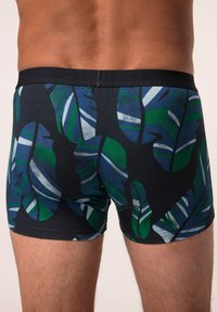Černé boxerky s vzorem listů v zelené, modré a bílé barvě. Mají černý elastický pas s embosovaným názvem značky.