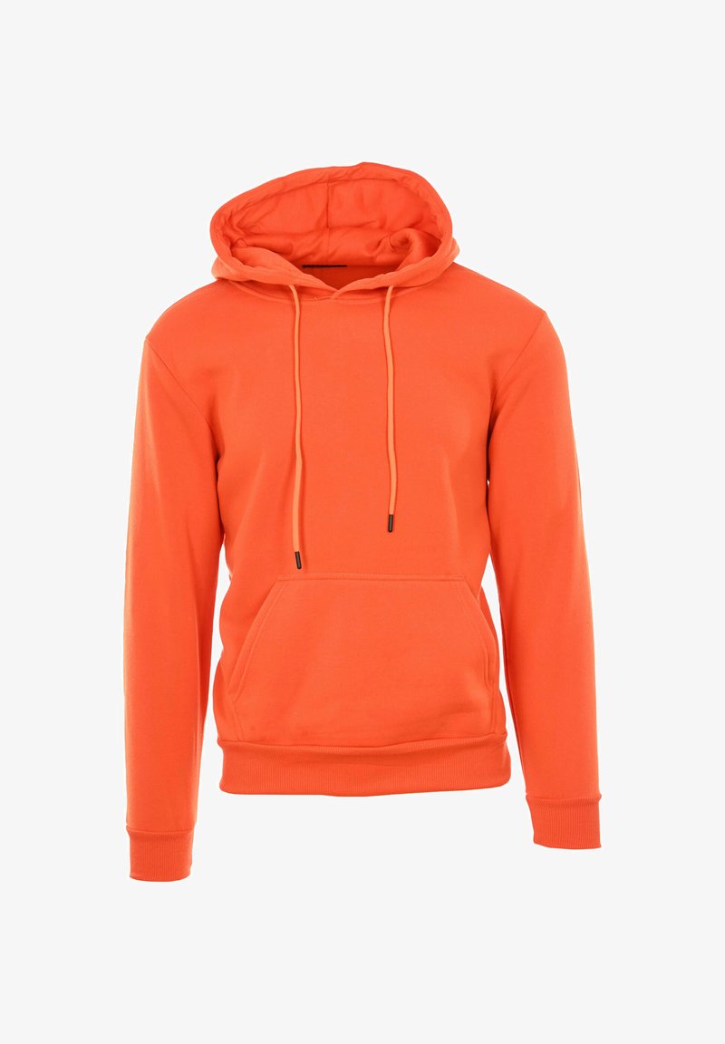 Felpa con cappuccio arancione in cotone misto, dotata di tasca a marsupio, cordini regolabili e polsini e orli a coste.