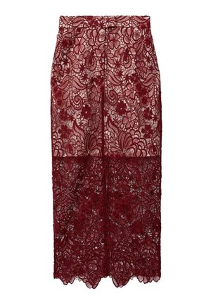 Dybrød blonder pencilskørt med indviklede blomster- og swirlmønstre, med en gennemsigtig nederste halvdel og bølget kant.
