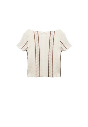 Korte mouwen top in crèmekleurige textuurstof met bruine verticale strepen en zigzagpatronen aan de zijkanten. Getailleerd ontwerp, ronde hals.