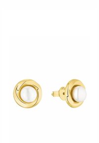 Pendientes de stud en tono dorado que presentan una perla blanca redonda rodeada por un diseño dorado en espiral, con un mecanismo de cierre tipo push-back.