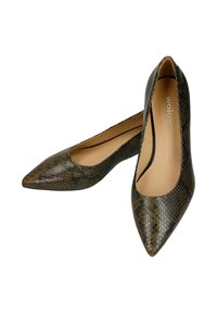 Pár dámských balerínek se špičatou špičkou, s tmavě zeleným a hnědým hadím vzorem a béžovou vnitřní podšívkou.