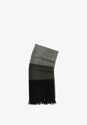 Rechteckiger Schal aus weichem Material, der einen Farbverlauf in Grautönen mit einem schwarzen Abschnitt und fransigen Kanten aufweist.