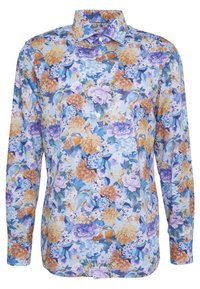 Camisa floral en azul claro con flores moradas, naranjas y amarillas. Mangas largas, cierre de botones en la parte delantera y un diseño de cuello clásico.