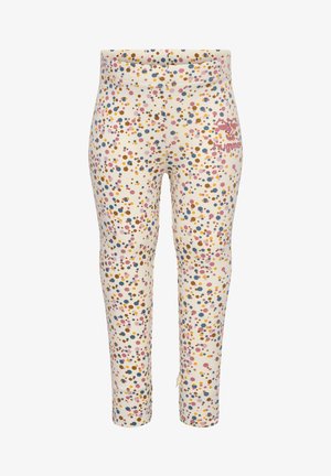 Legginsy wykonane z miękkiej, rozciągliwej tkaniny w kolorze kremowym, zdobione kolorowym wzorem w kropki oraz małym logo na udzie.