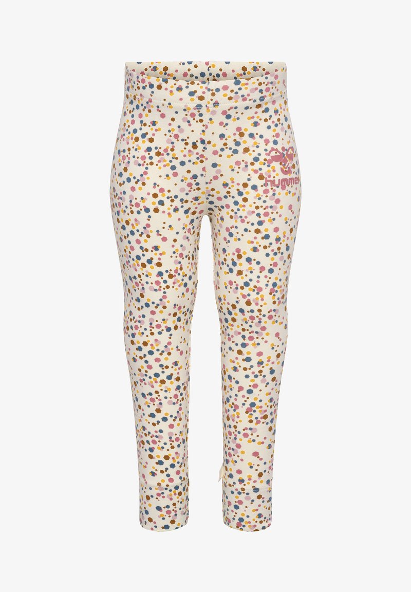 Leggings lavet af blødt, strækbart stof i cremefarve, med et farverigt prikkemønster og et lille logo på låret.