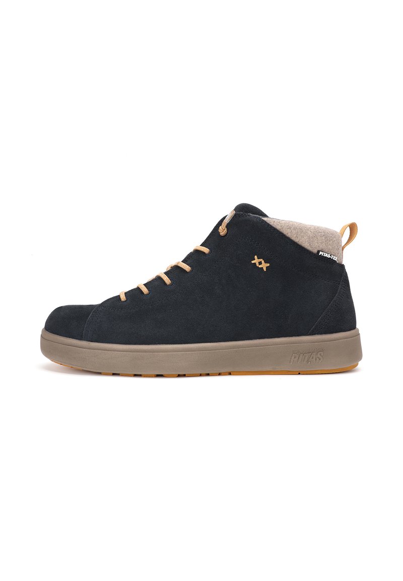 Scarpe alte con un esterno in suede blu scuro, lacci color beige e un colletto in tessuto grigio, con una suola in gomma caratterizzata da un motivo testurizzato.