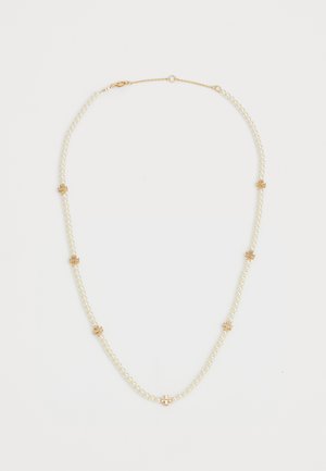 Pearl necklace with gold accents, featuring a string of white pearls interspersed with floral gold hardware. Thin, elegant design.