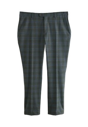Pantaloni a quadri di colore verde scuro con accenti blu e grigi. Progettati con una vestibilità dritta e chiusura classica con bottone in vita.