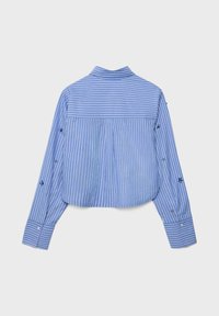 Chemise à manches longues rayée verticale bleu et blanc avec des détails floraux brodés bleu foncé sur les manches, poignets boutonnés et vue de dos.