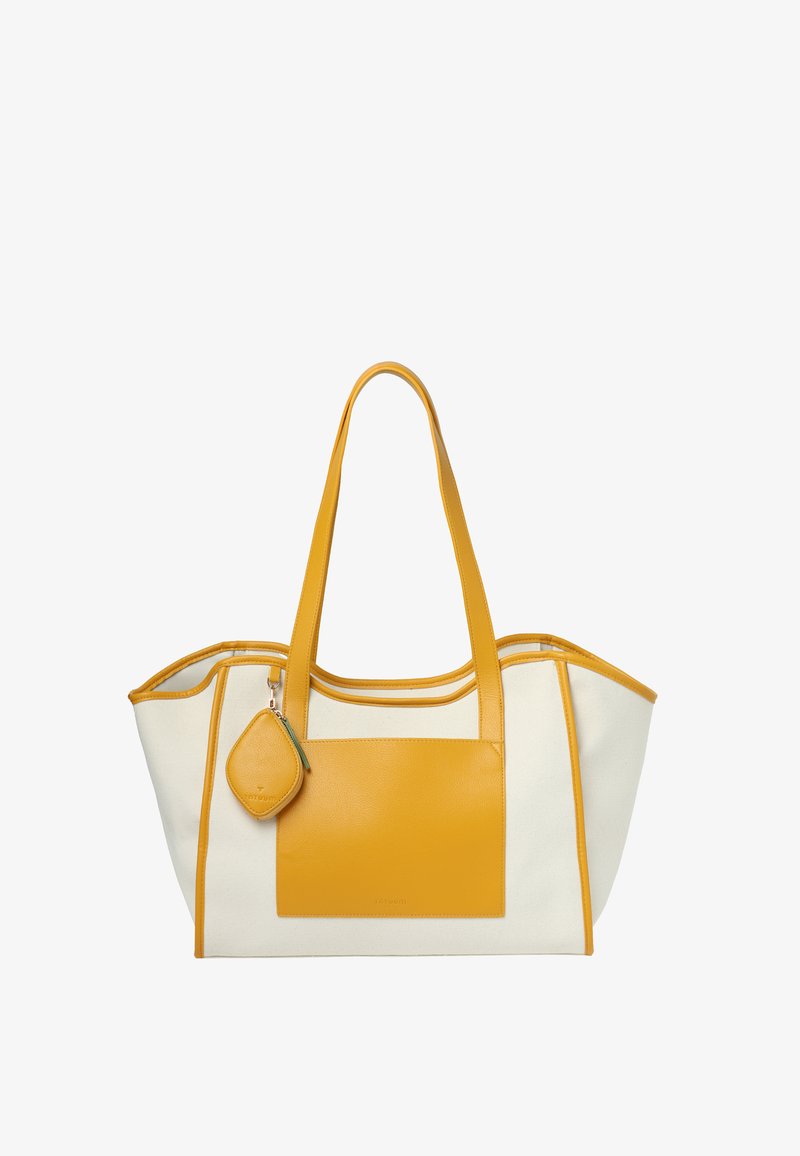 Sac cabas crème et jaune moutarde avec deux longues poignées, poche avant et petite pochette à monnaie attachée suspendue à une poignée.