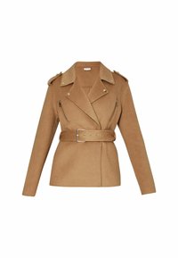 Veste en laine marron camel avec ceinture, col à revers, poches poitrine zippées et épaules avec pattes boutonnées.