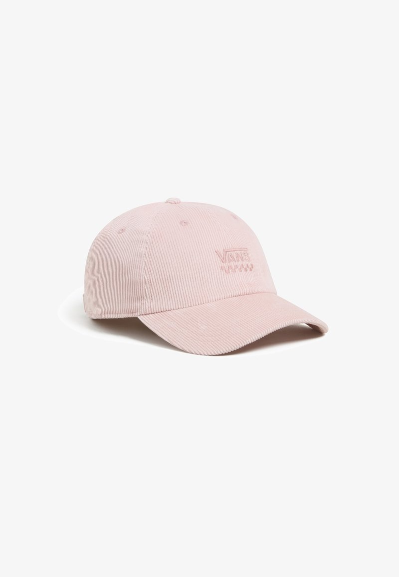 Casquette de baseball en velours côtelé rose clair avec logo Vans cousu et détail damier à l'avant, conception à six panneaux et visière incurvée.
