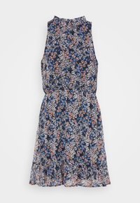 Vestido sin mangas con estampado floral que presenta un escote alto, cintura ajustada y dobladillo con volantes. Patrones florales en azul, rosa y blanco sobre un fondo oscuro.
