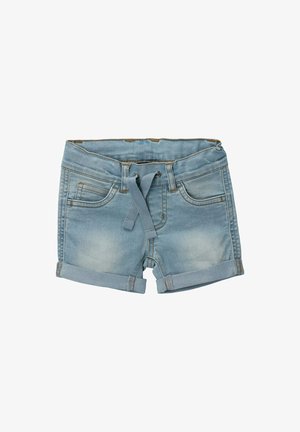 Denim shorts in light blue, featuring a rolled hem, adjustable drawstring waist, two front pockets, and subtle faded texture.