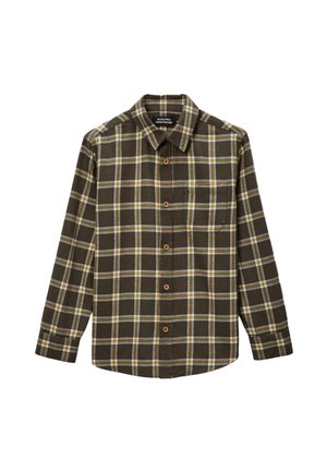 Chemise à carreaux marron avec des lignes jaunes et blanches, manches longues, devant boutonné, poche poitrine unique et boutons en bois naturel.