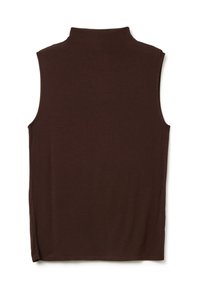 Haut sans manches en turtleneck marron, fabriqué en tissu doux et extensible, avec un col haut et des fentes latérales pour plus de liberté de mouvement.