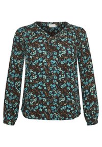 Blouse à manches longues noire avec un motif floral en bleu sarcelle, bleu clair et marron. Design en V avec une coupe ample et des manches froncées.